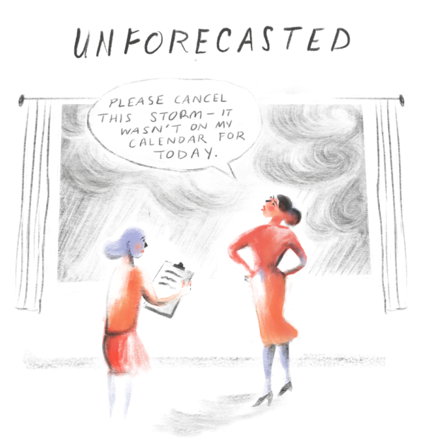 Unforecasted disaster Illustration of two people looking at a storm.