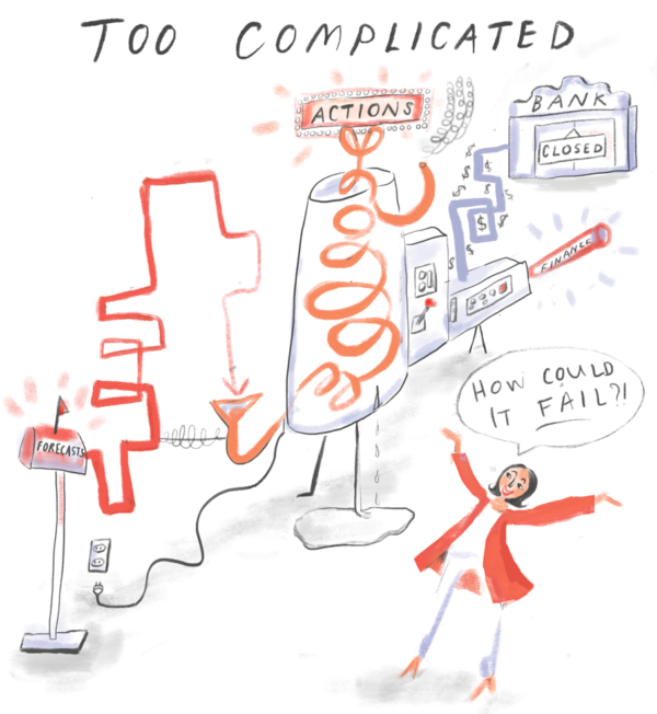 Forecasts aren’t communicated. Illustration of a person standing in front of a complex model