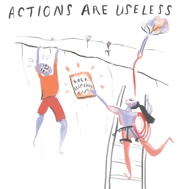 Actions are useless. Illustration of two people working at a roof.