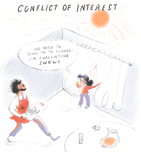 Conflict of interest. Illustration of an adult and a child in a room.