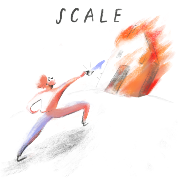 Scale Illustration of a person putting out a fire.